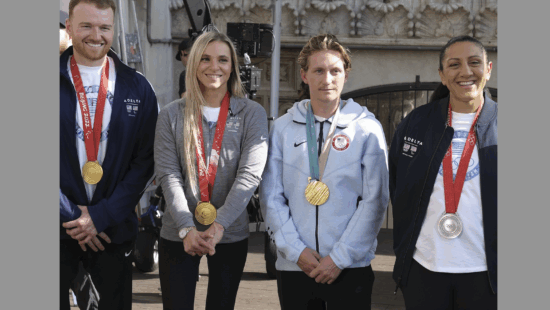 (L-R) Declan Farmer, Paralympic Sled Hockey; Oksana Masters, Paralympc mulyi sports, Red Gerard, Olympic snowboarding; Alana Meyers Taylor, Olympic bobsledding.